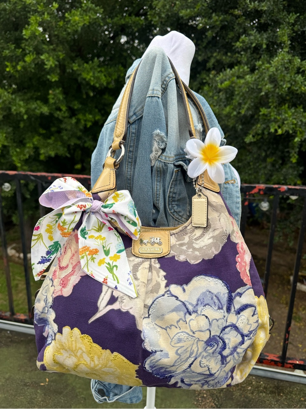 Coach Floral Canvas Hobo Bag in Purple, Cream and Yellow